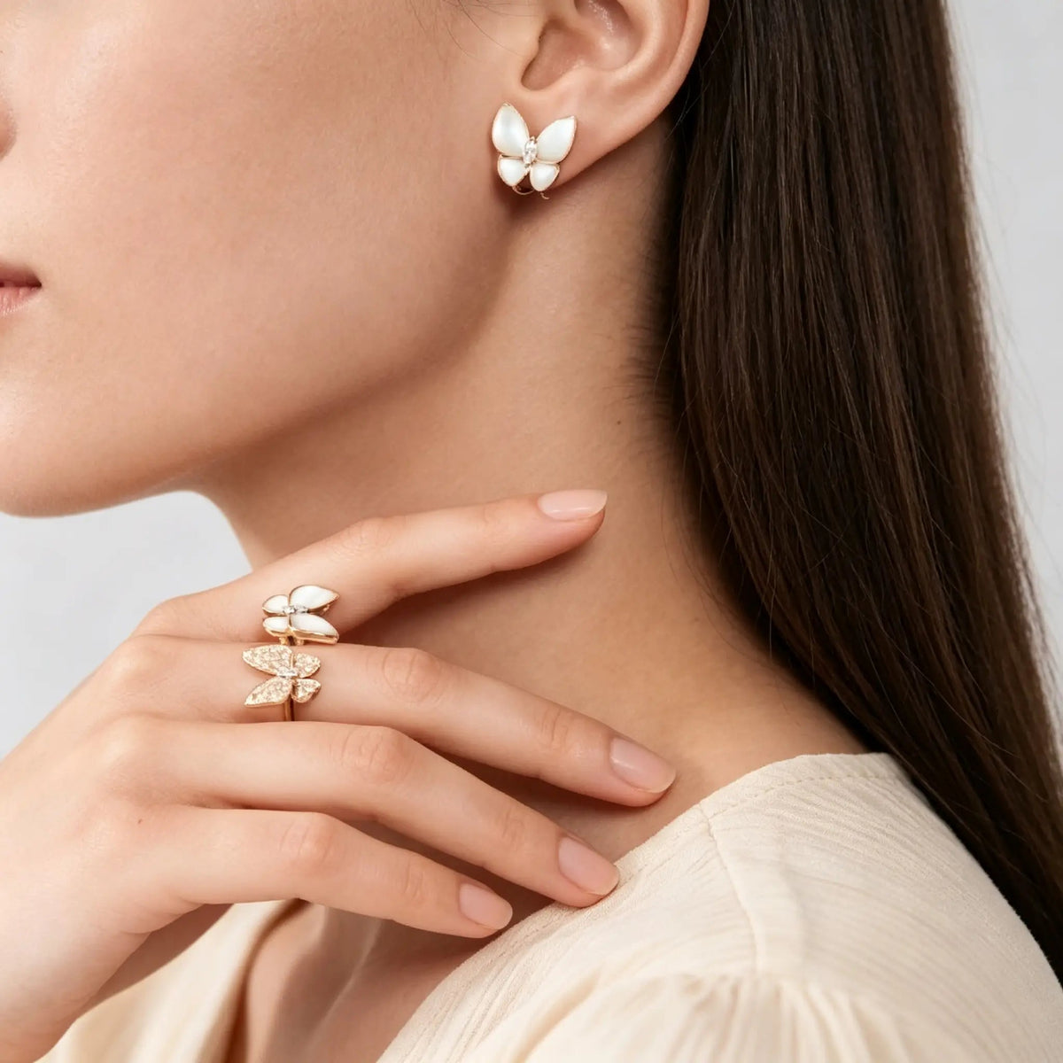 Van Cleef & Arpels Two Butterfly Collection Rose Gold Mother-of-Pearl and Diamond Butterfly Earrings