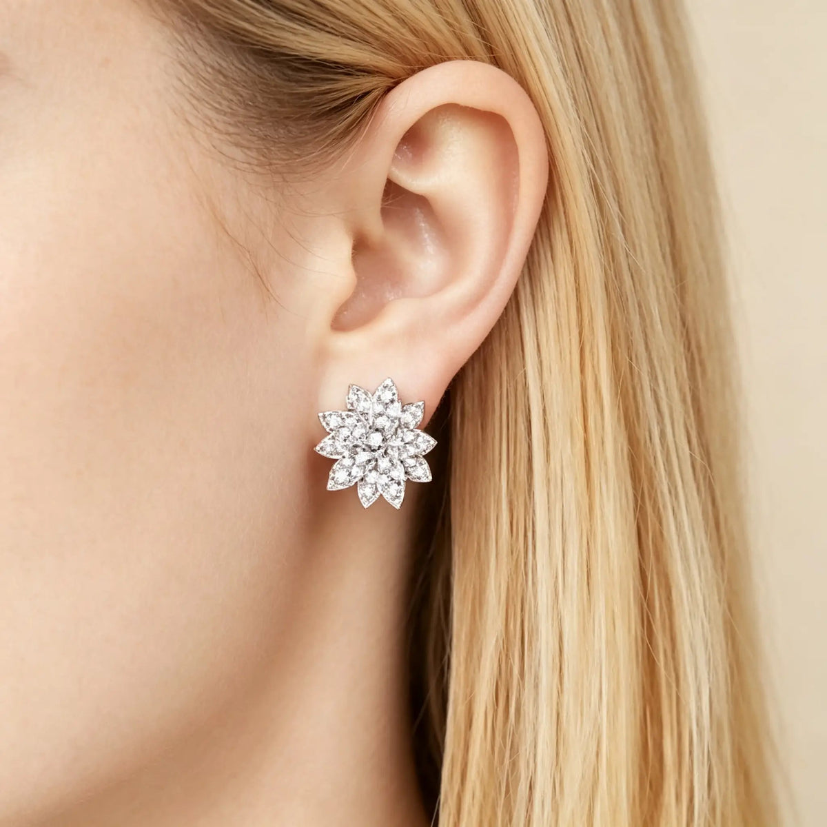 Van Cleef & Arpels Lotus Collection 18K White Gold Lotus Earrings Full of Diamonds