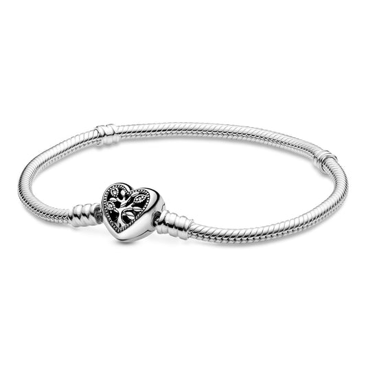 Pandora Moments Family Tree Heart Clasp Snake Chain Bracelet